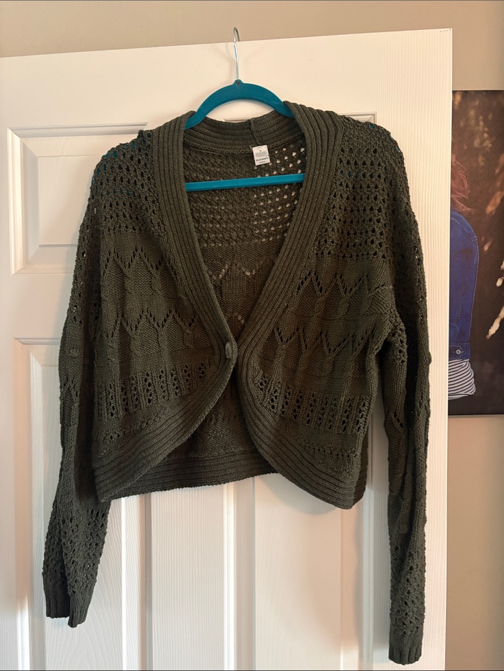 Open-Knit Cropped Olive Green Women's Cropped Sweater Cardigan